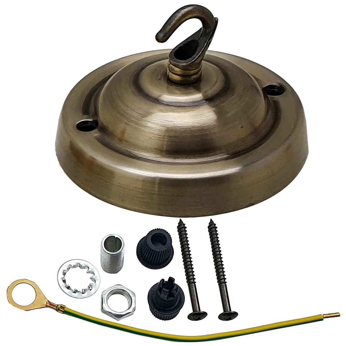 Vintage style metal ceiling rose hook plate in bronze finish with mounting hardware for light fittings indoors