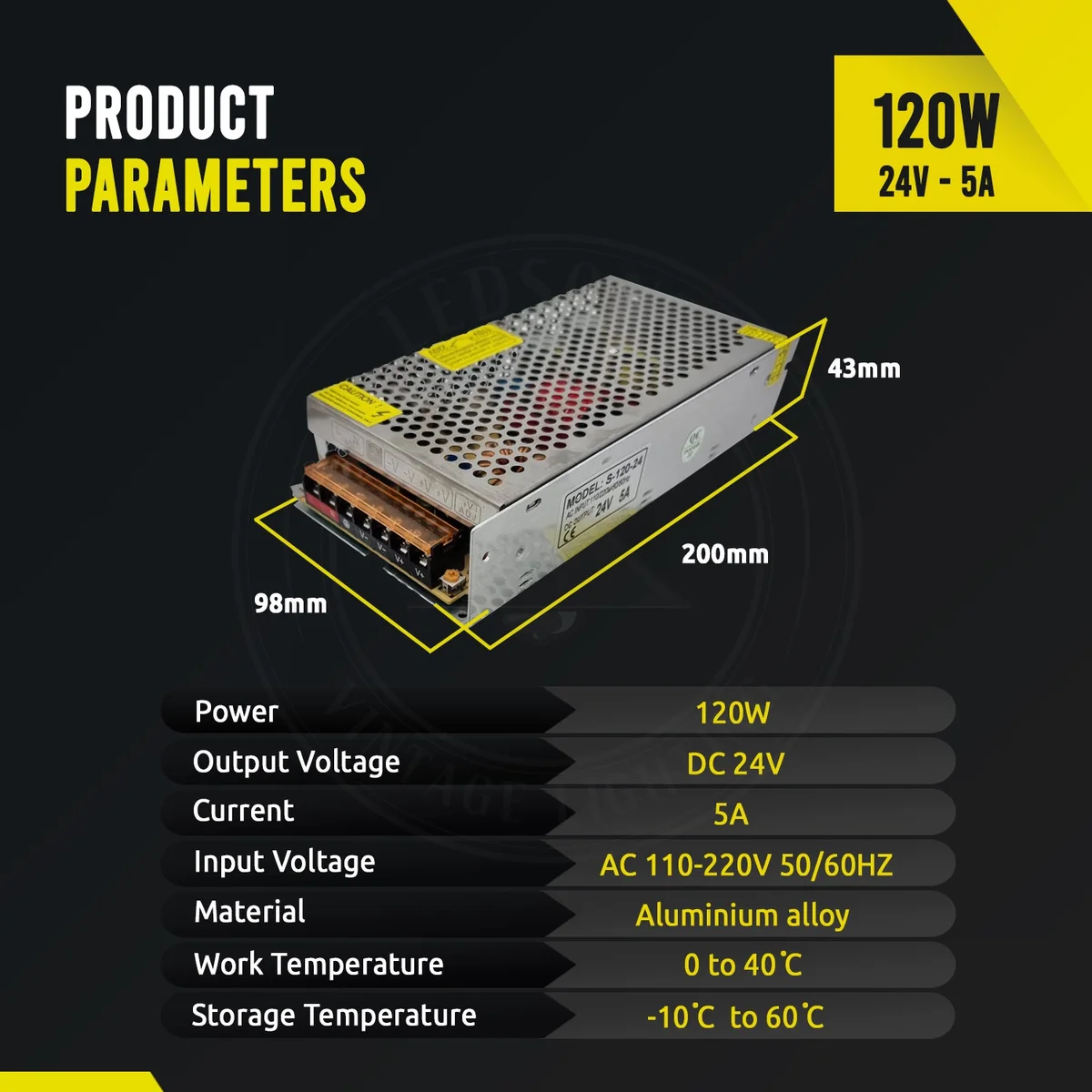 Compact universal switching power supply with metal enclosure, screw terminals, and LED indicator for 24V DC output