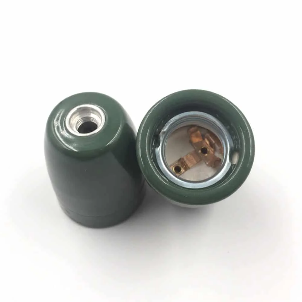 Vintage green porcelain industrial lamp holder with E27 screw fitting and plastic cable grip, 6 cm tall, 4.5 cm diameter