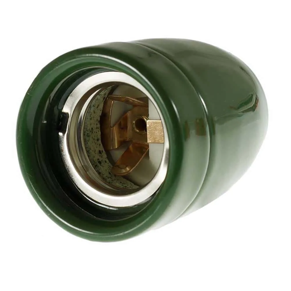 Vintage green porcelain E27 screw-in bulb holder with industrial retro design, 6 cm tall and 4.5 cm diameter