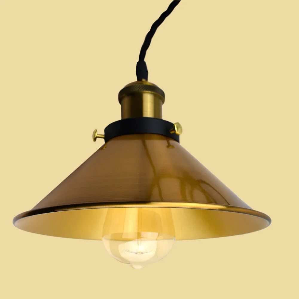 Yellow brass dome pendant with white interior, angled for sloped ceilings, E27 ceiling light with 95cm cable