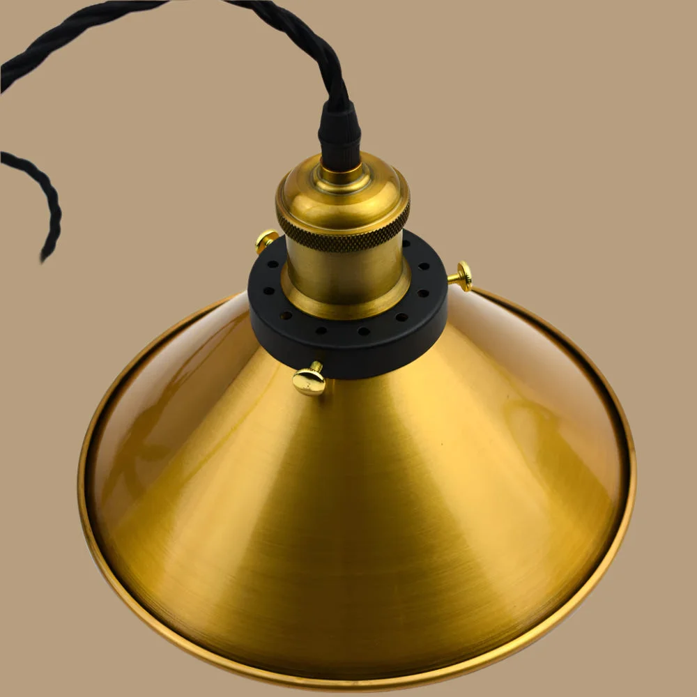 Yellow brass adjustable pendant lamp with dome shade and angled base, suitable for sloped ceilings, E27 bulb fitting