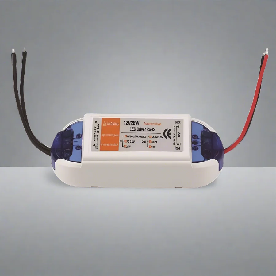 Compact black 12V LED driver power supply adapter with plastic casing and electrical connectors for indoor LED lighting systems