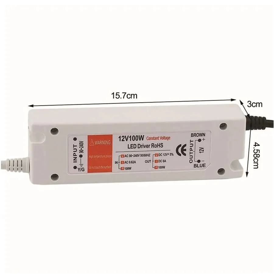 18w to 100w LED driver power supply adapter with black plastic casing and electrical connectors for 12V LED lighting systems