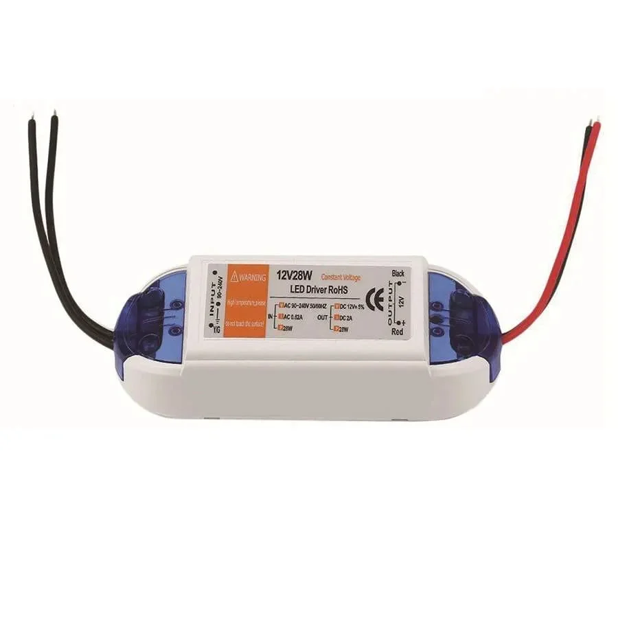 Compact black DC 12V LED power adapter with wires and plastic casing, suitable for indoor LED strip lighting systems