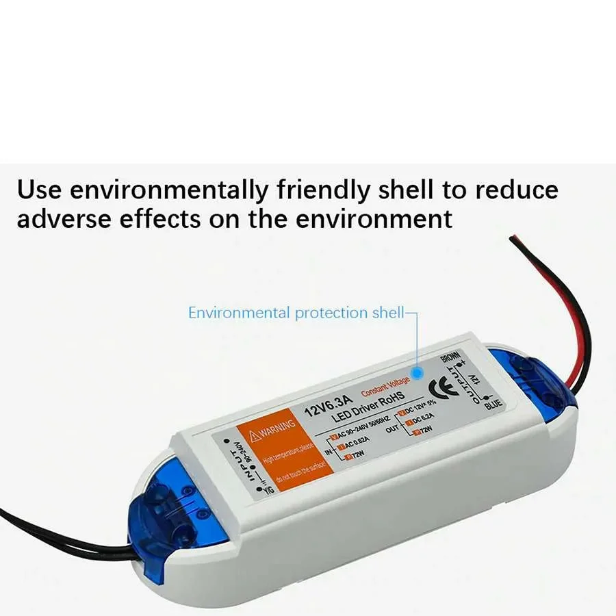 Compact 12V indoor LED power supply adapter with plastic casing, multiple wattage options, and safety features visible
