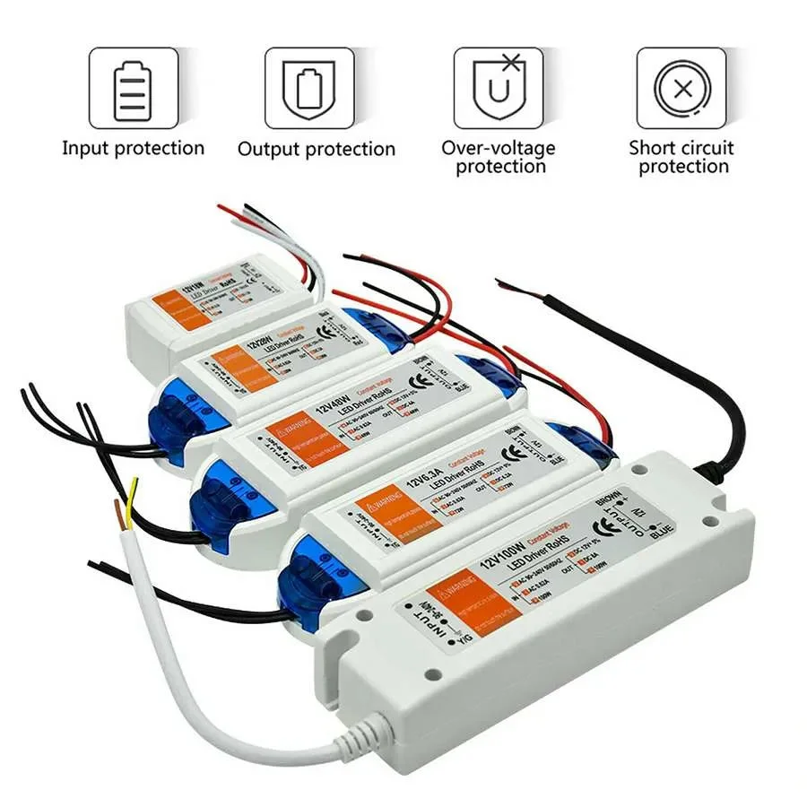 Compact 12V LED driver with safety features, black plastic casing, multiple output connectors, and CE RoHS certified label