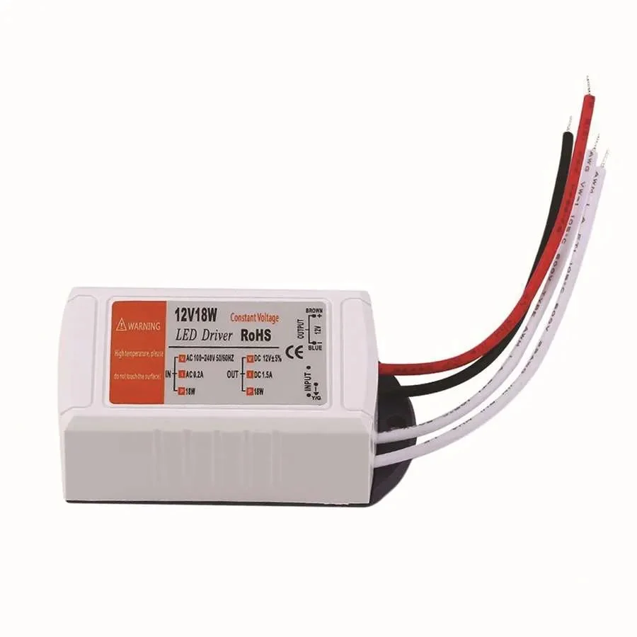 Compact 12V non-dimmable LED transformer power supply adapter with plastic casing and multiple wattage options, indoor use only