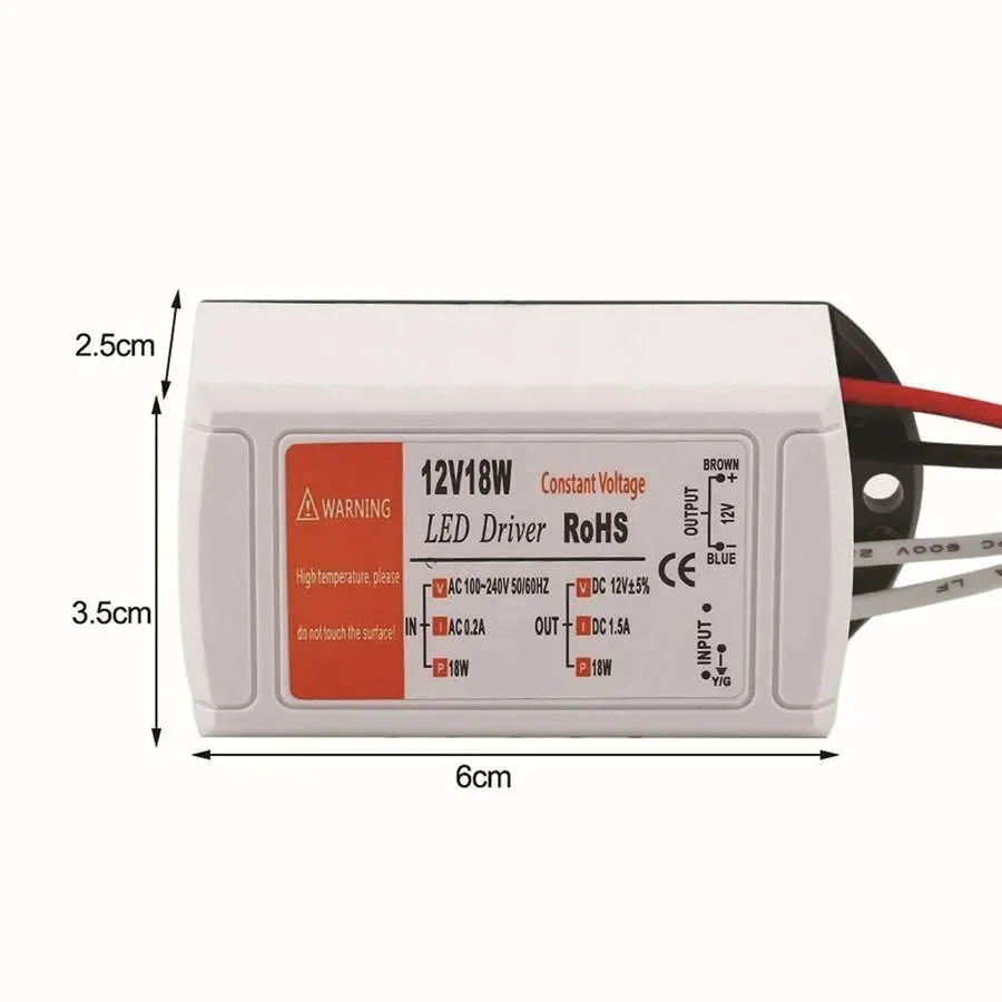Compact 12V LED driver power supply adapter with plastic casing, showing input/output connectors and safety labels, indoor use.