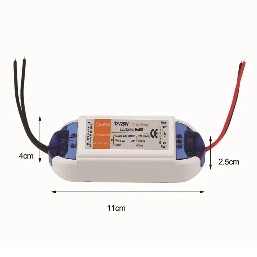 Compact 12V LED driver power supply adapter with plastic casing, showing input/output voltage and safety certifications labels