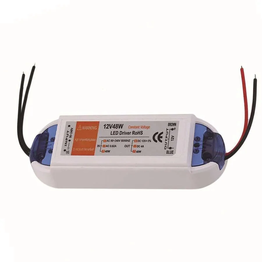 Compact 12V LED driver power supply adapter with plastic casing, multiple wattage options, and electrical connectors visible