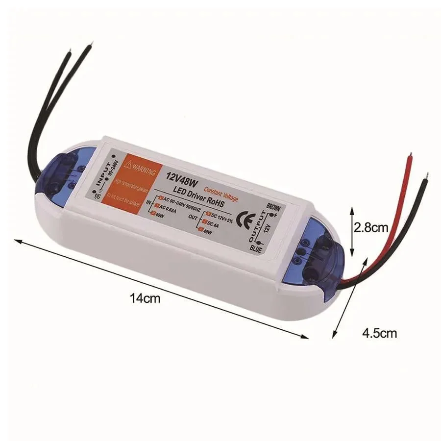 Compact 12V LED driver power supply adapter with plastic casing, showing input/output voltage and power ratings labels