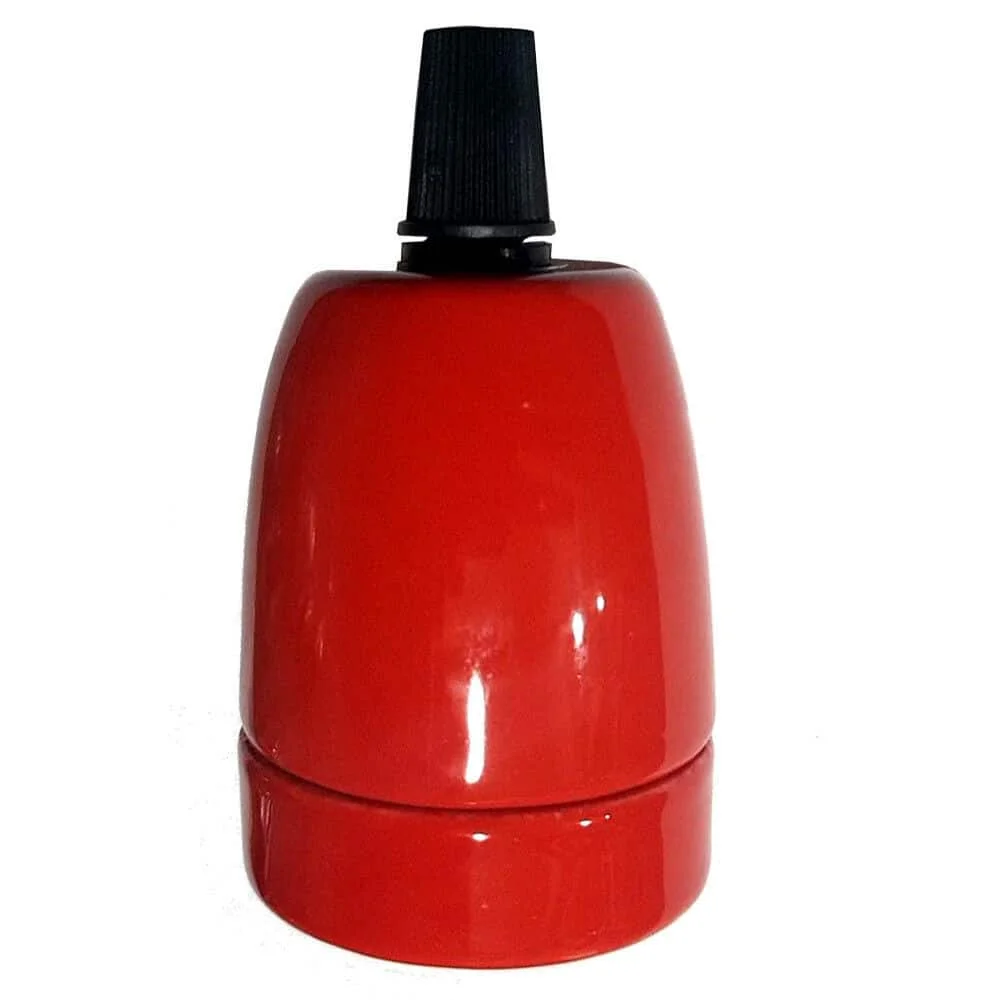 Vintage E27 bulb holder made of white porcelain with E27 screw fitting and plastic cable grip, industrial retro style