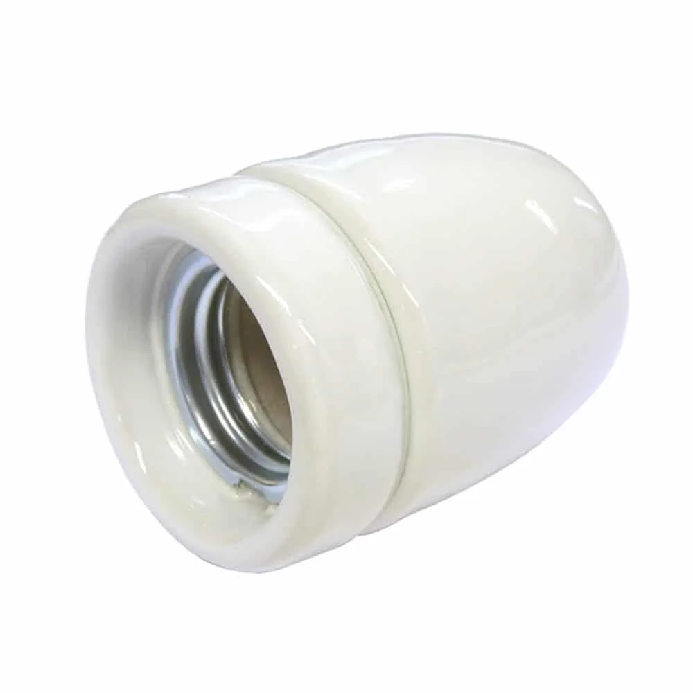 White porcelain vintage bulb holder with E27 screw fitting and plastic cable grip, 6 cm tall, 4.5 cm diameter