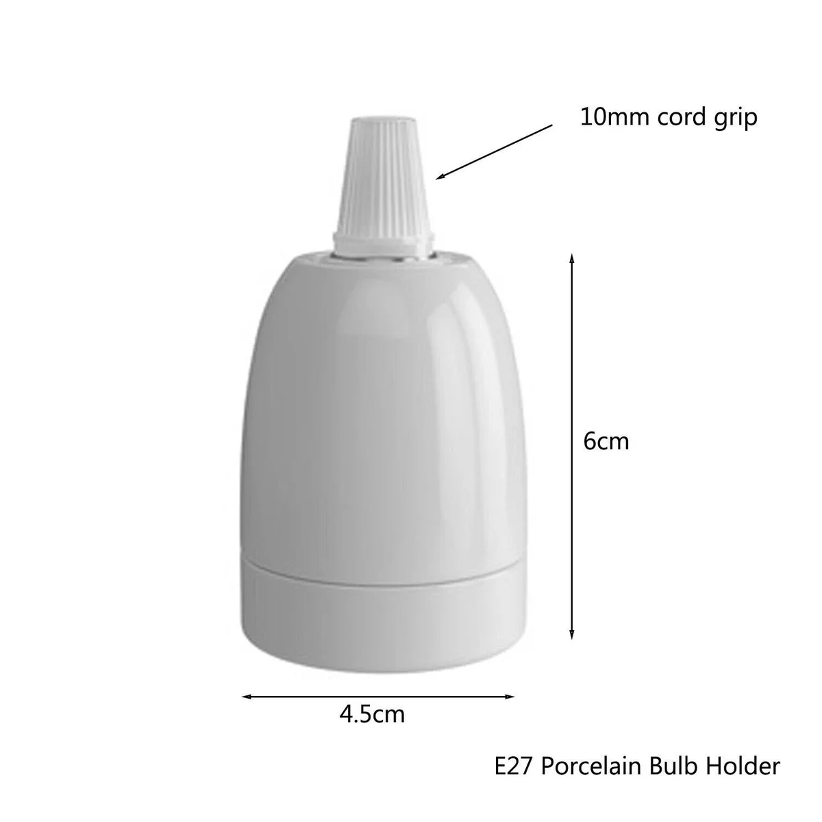 White porcelain lamp fitting with E27 screw socket and plastic cable grip, vintage industrial style, 6cm tall, 4.5cm diameter