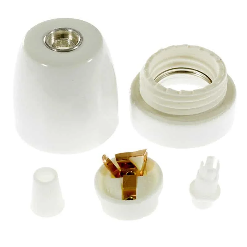 White porcelain industrial lamp holder with E27 screw fitting and plastic cable grip, vintage Edison style