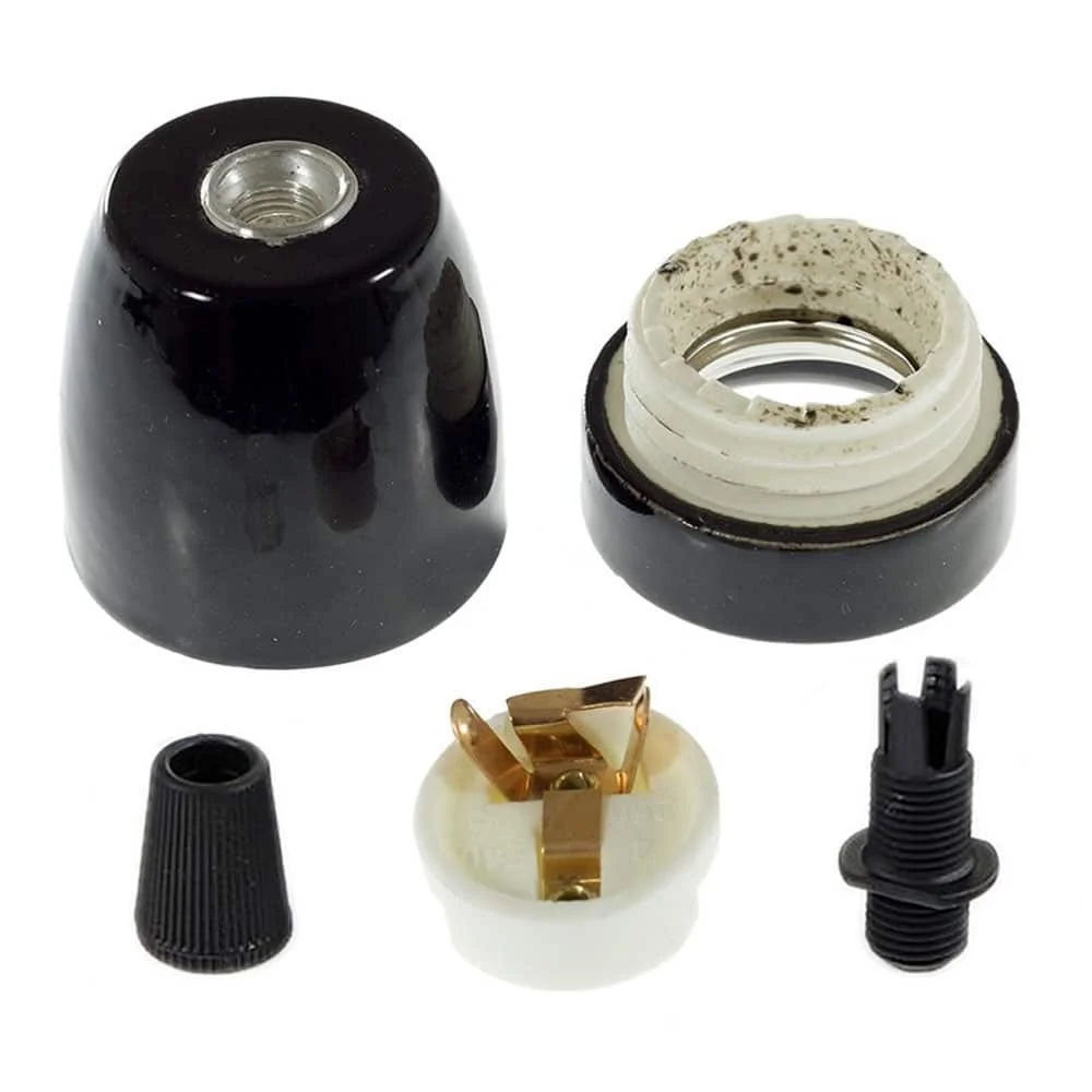 Black industrial porcelain lamp holder with E27 screw base, retro vintage style, 6 cm tall, 4.5 cm diameter, for exposed bulbs