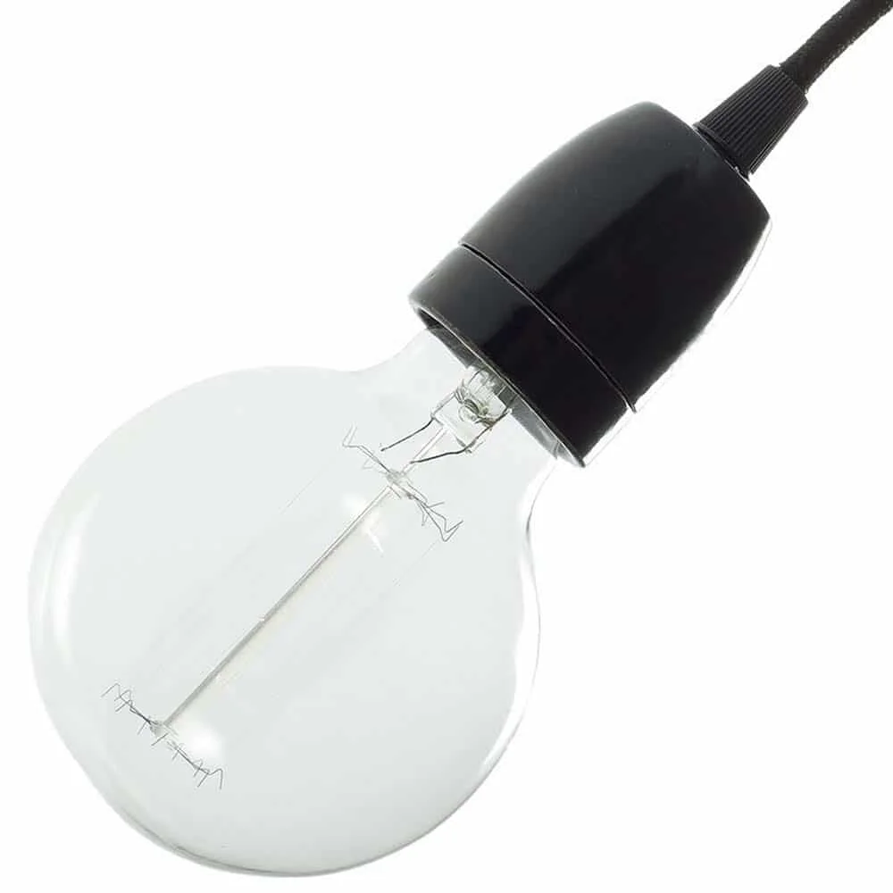 Black vintage-style E27 screw-in bulb holder made of porcelain with industrial retro design and plastic cable grip