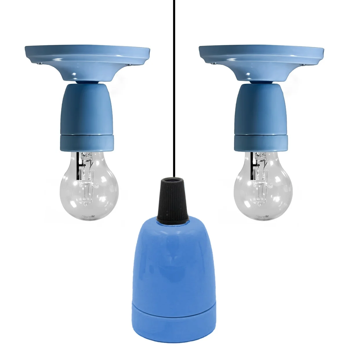 Vintage blue porcelain industrial lamp holder with E27 screw base, retro Edison style, 6 cm height, 4.5 cm diameter
