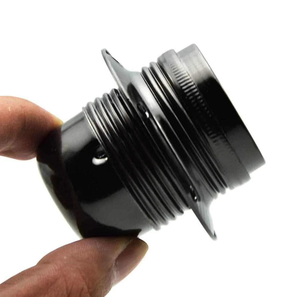 Black vintage threaded industrial lamp holder with E27 base, metal construction, and screw-terminal wiring connection