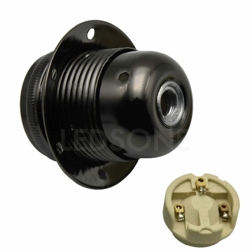 Black vintage threaded metal bulb holder with E27 base, durable all-metal construction for industrial lighting fixtures