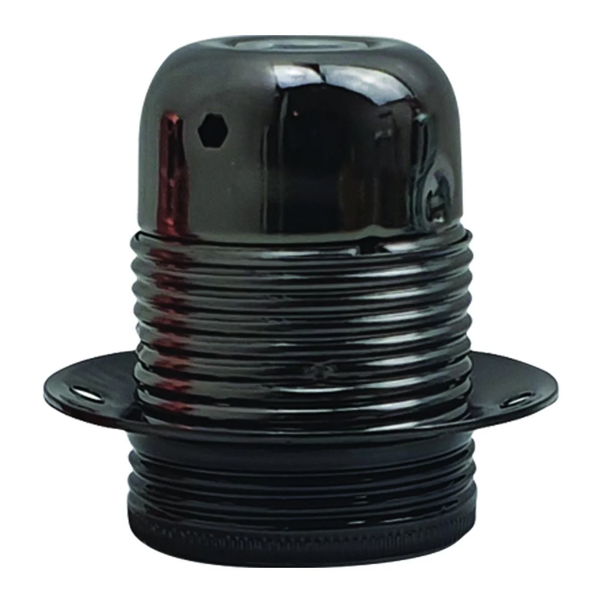 Black vintage threaded E27 lamp holder with metal construction and screw-terminal wiring connection on white background