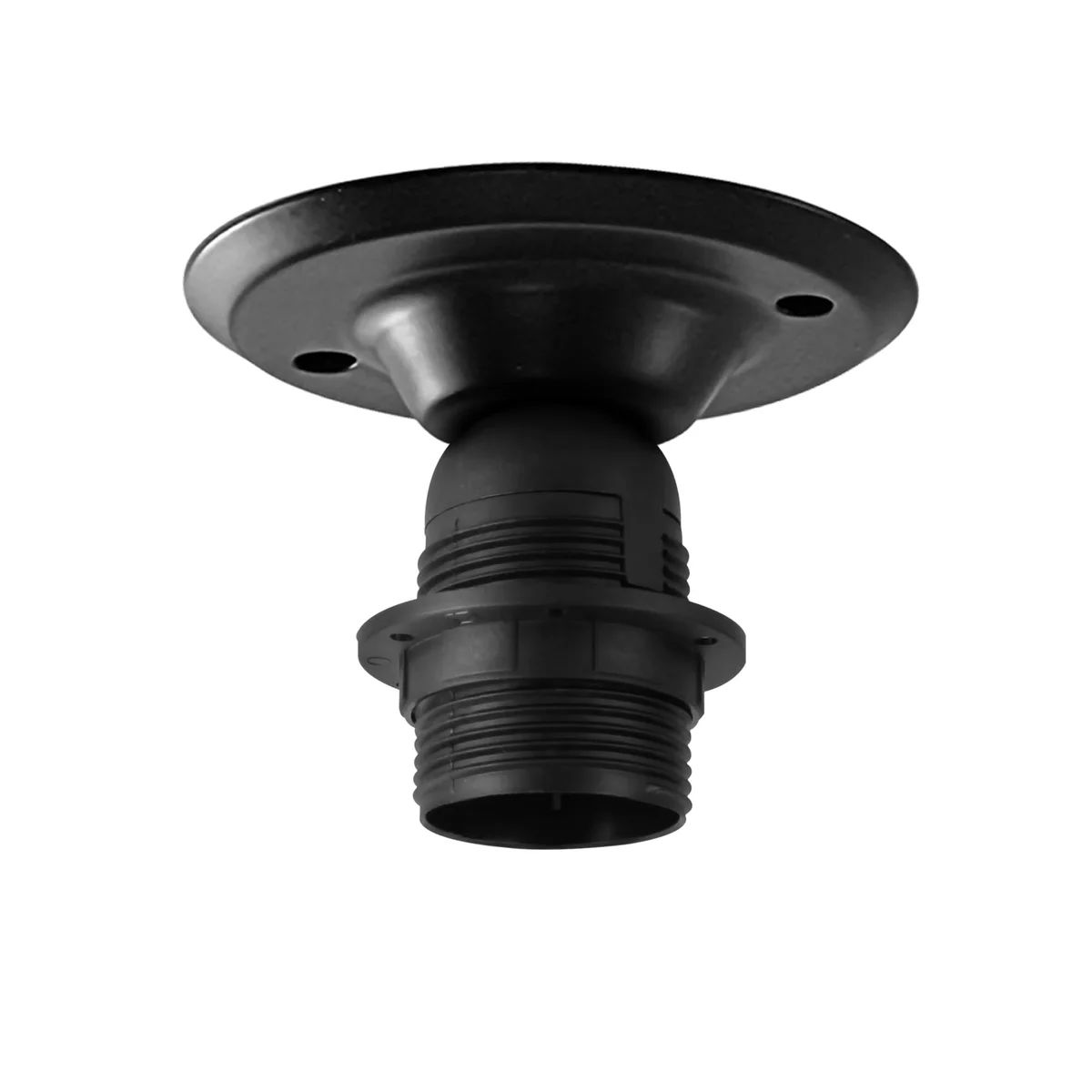 Black vintage threaded E27 lamp holder made of metal with screw-terminal wiring, suitable for indoor use and 60W max wattage