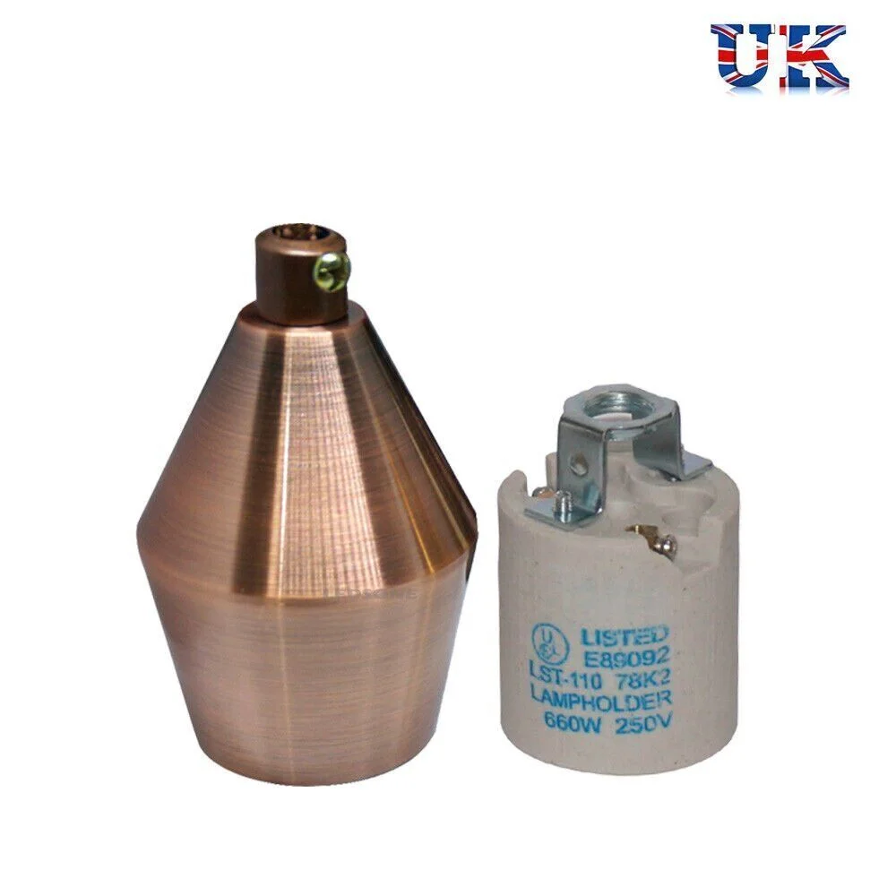 Copper pendant lamp holder with vintage industrial design, ceramic core, and E27 Edison screw base, shown from side angle
