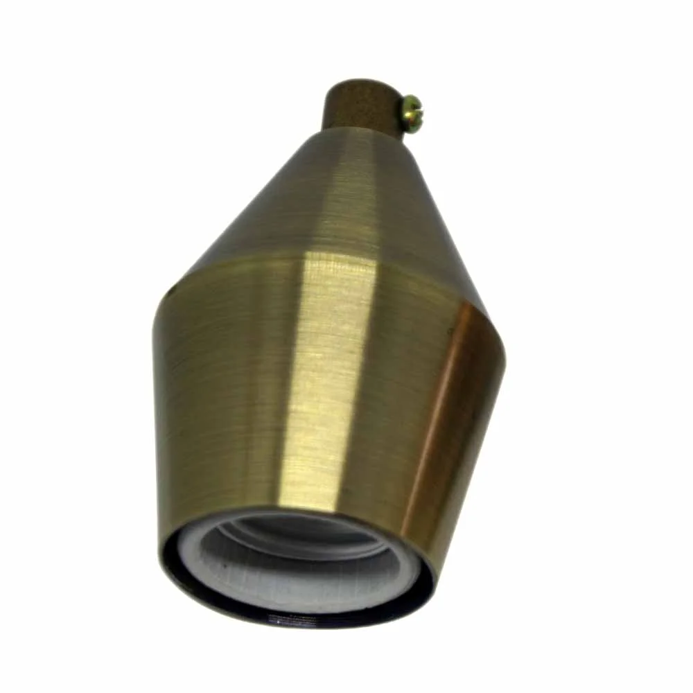 Brass vintage industrial lamp holder with retro Edison socket E27 fitting, shown from side angle on white background