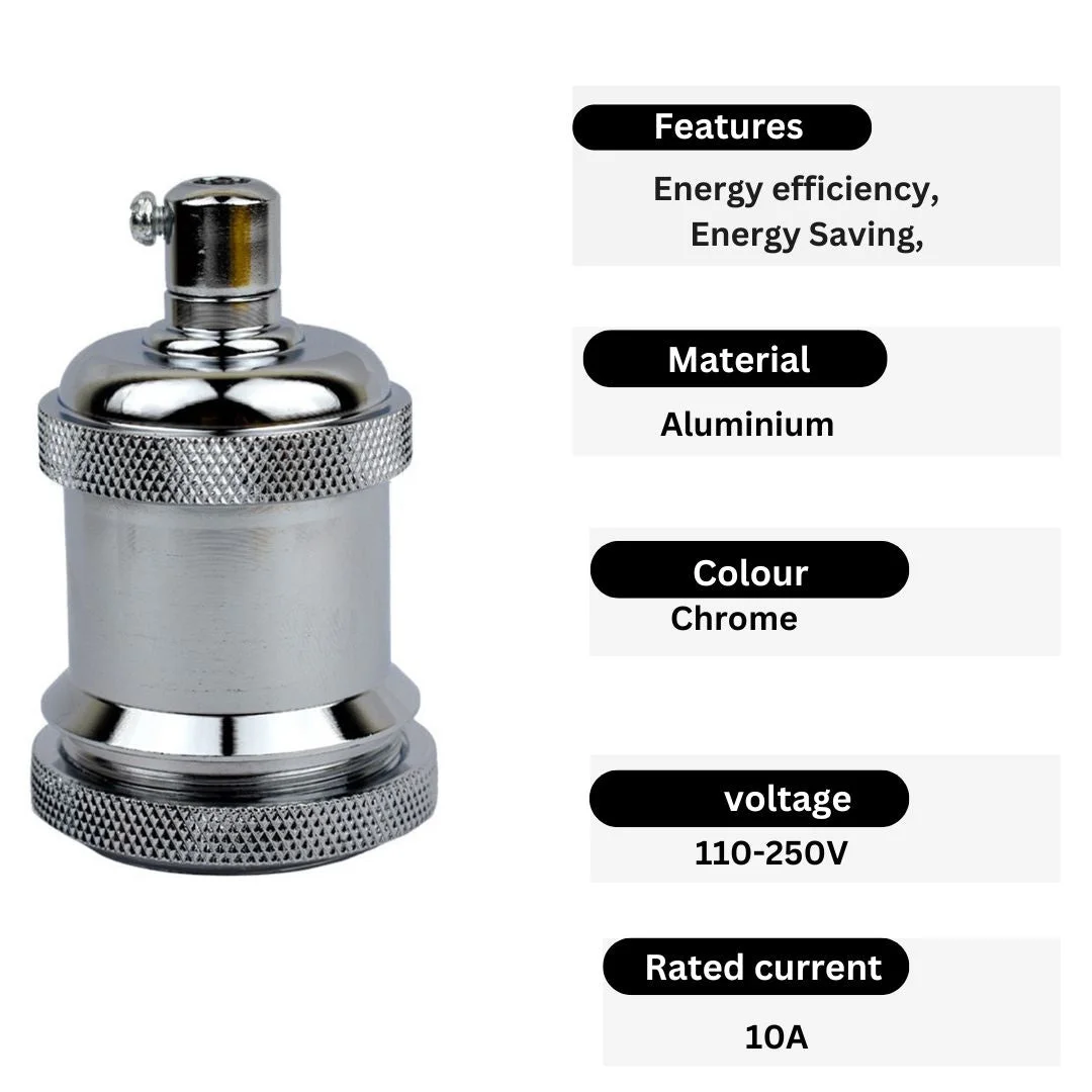 Modern chrome cone-shaped E27 lamp holder with metallic finish, suitable for indoor ceiling installation