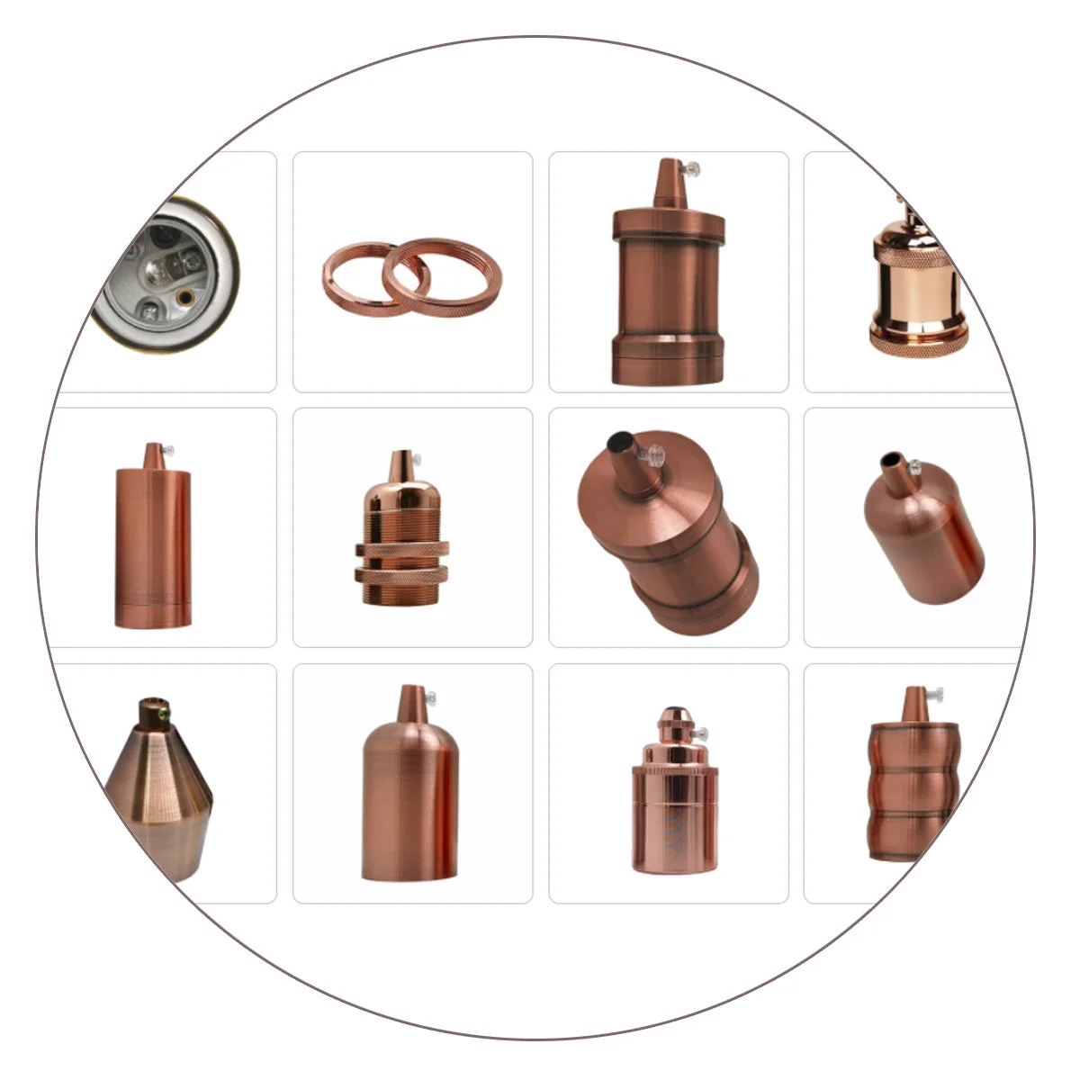 Rose gold copper removable collar lamp holder with metal cord grip and 10mm screw thread for E27 bulbs