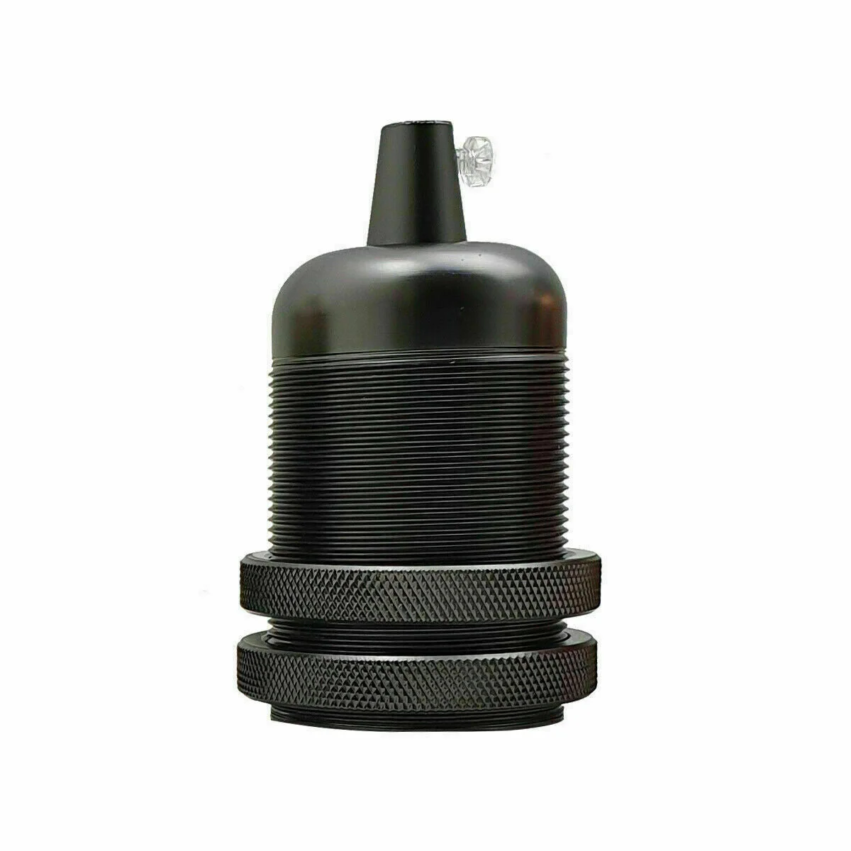 Porcelain lamp holder in satin black with metal cord grip and E27 base, shown from side angle on white background