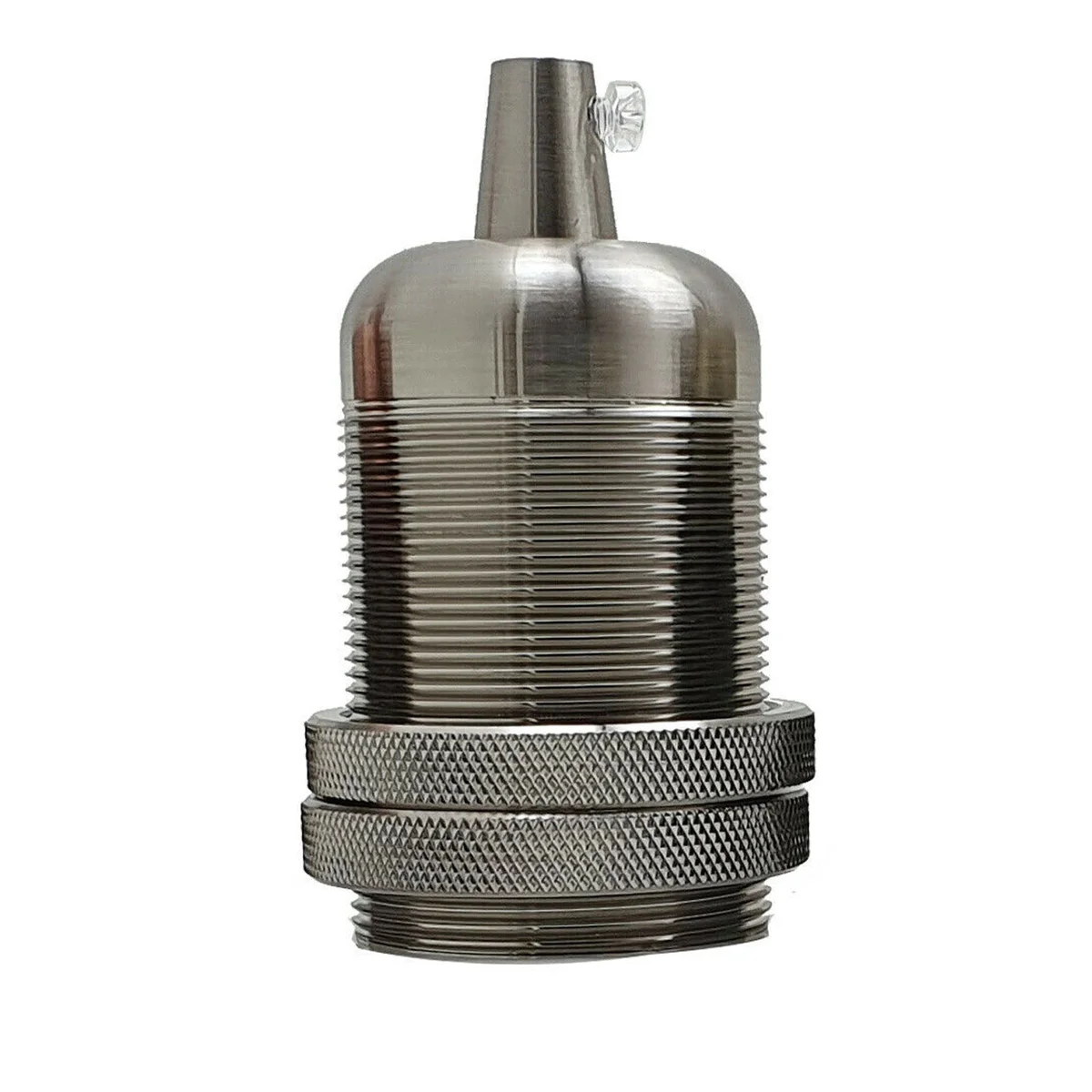 Close-up of satin black screw on bulb holder with metal cord grip and E27 base, showing security flap detail