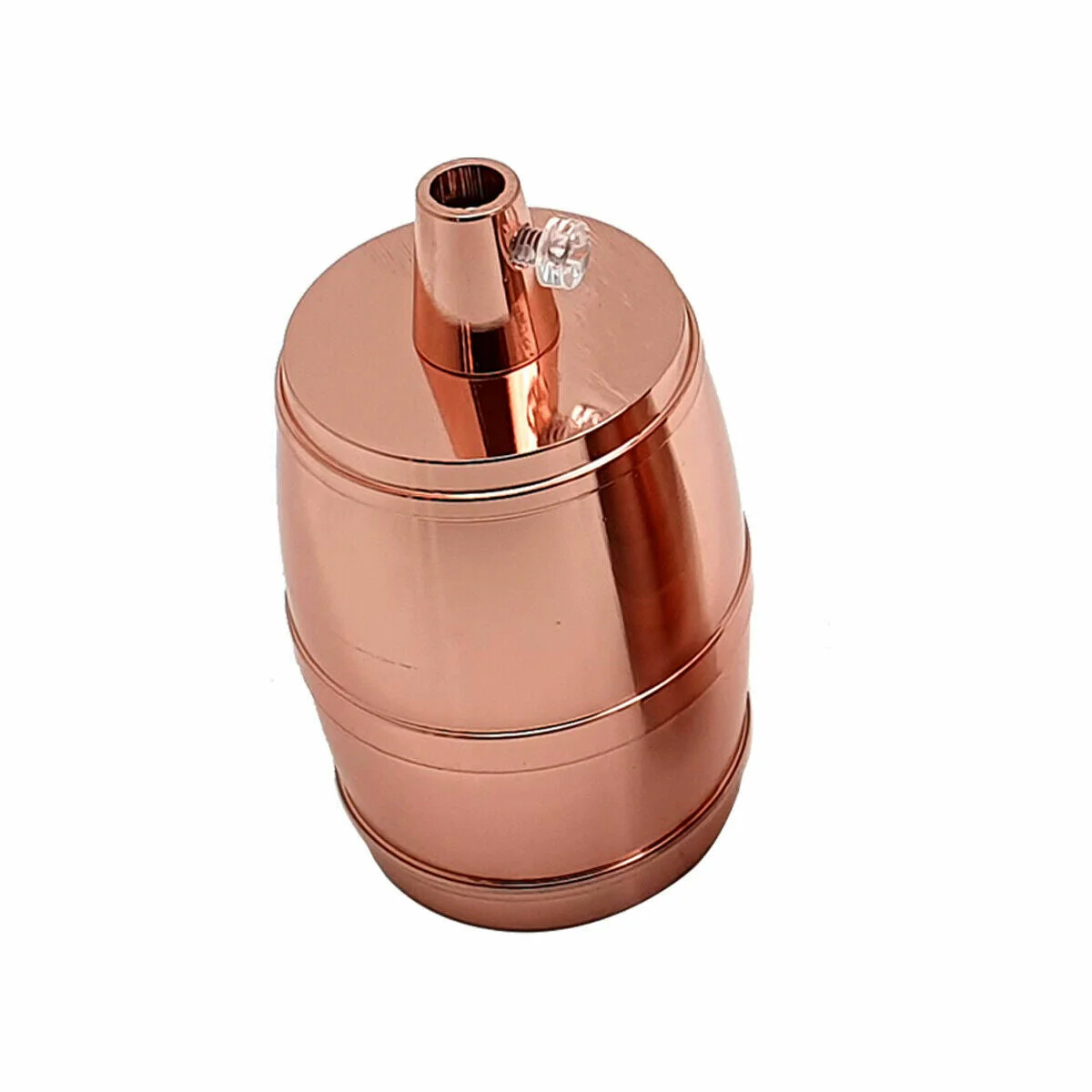 Rose gold vintage barrel metal lamp holder with E27 screw base, shown against white background for indoor use
