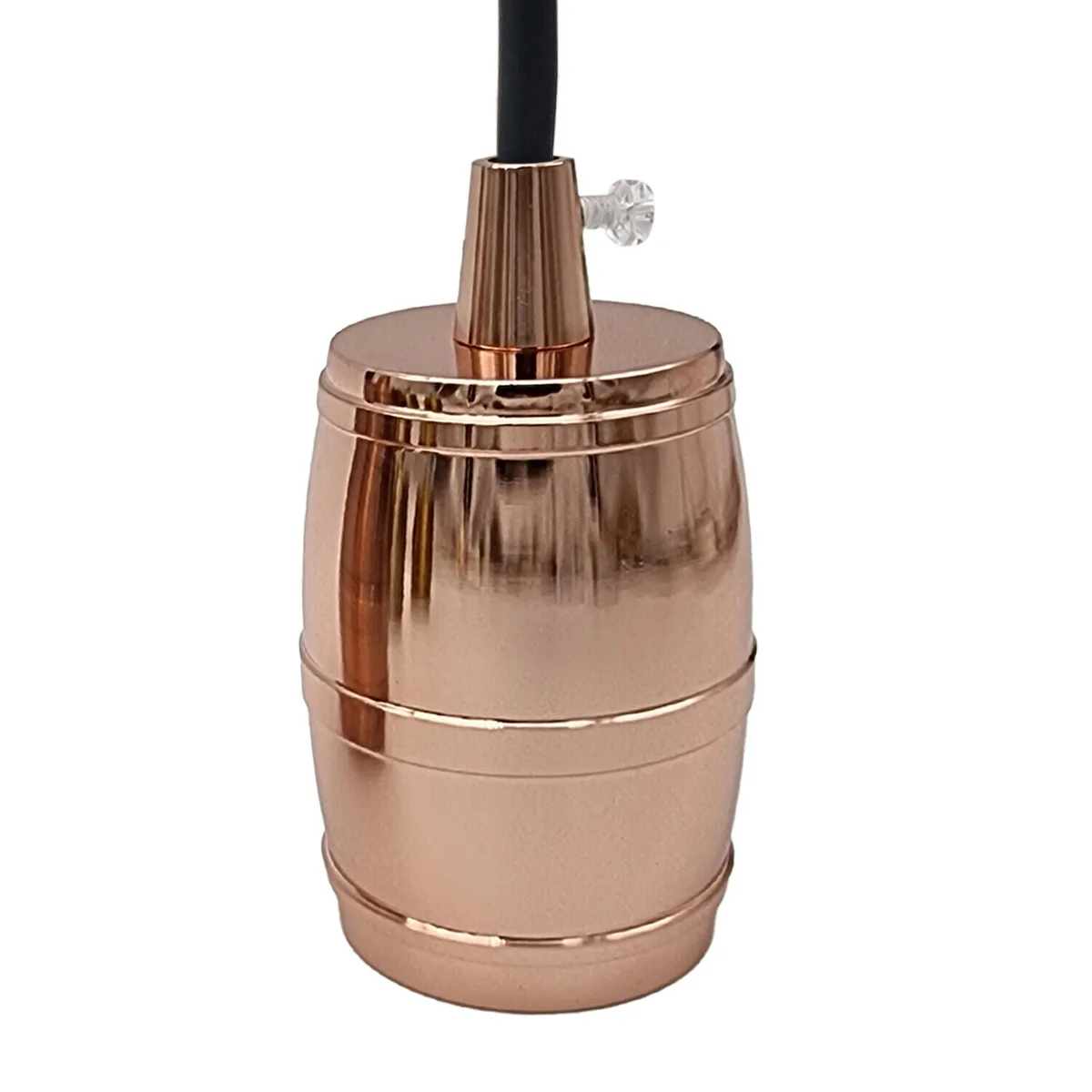 Rose gold barrel style lamp holder with metal construction and E27 Edison screw base, shown from side angle