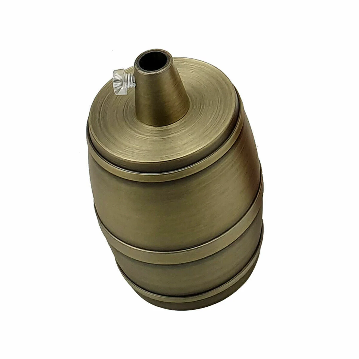 Yellow brass vintage barrel metal lamp holder with E27 screw base shown from side angle on white background