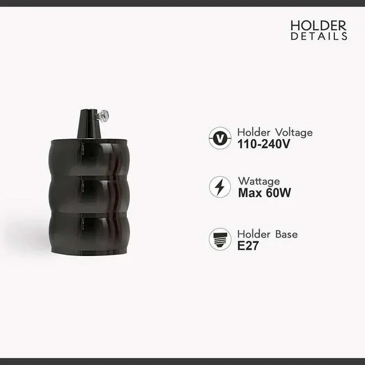 Vintage barrel lamp holder in matt black metal with E27 screw base, shown from side angle on white background