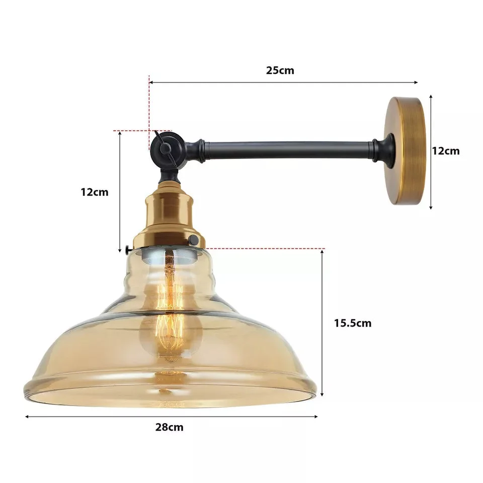 Amber glass industrial wall lamp with metal fittings, warm amber shade, modern aesthetic, glowing LED bulb