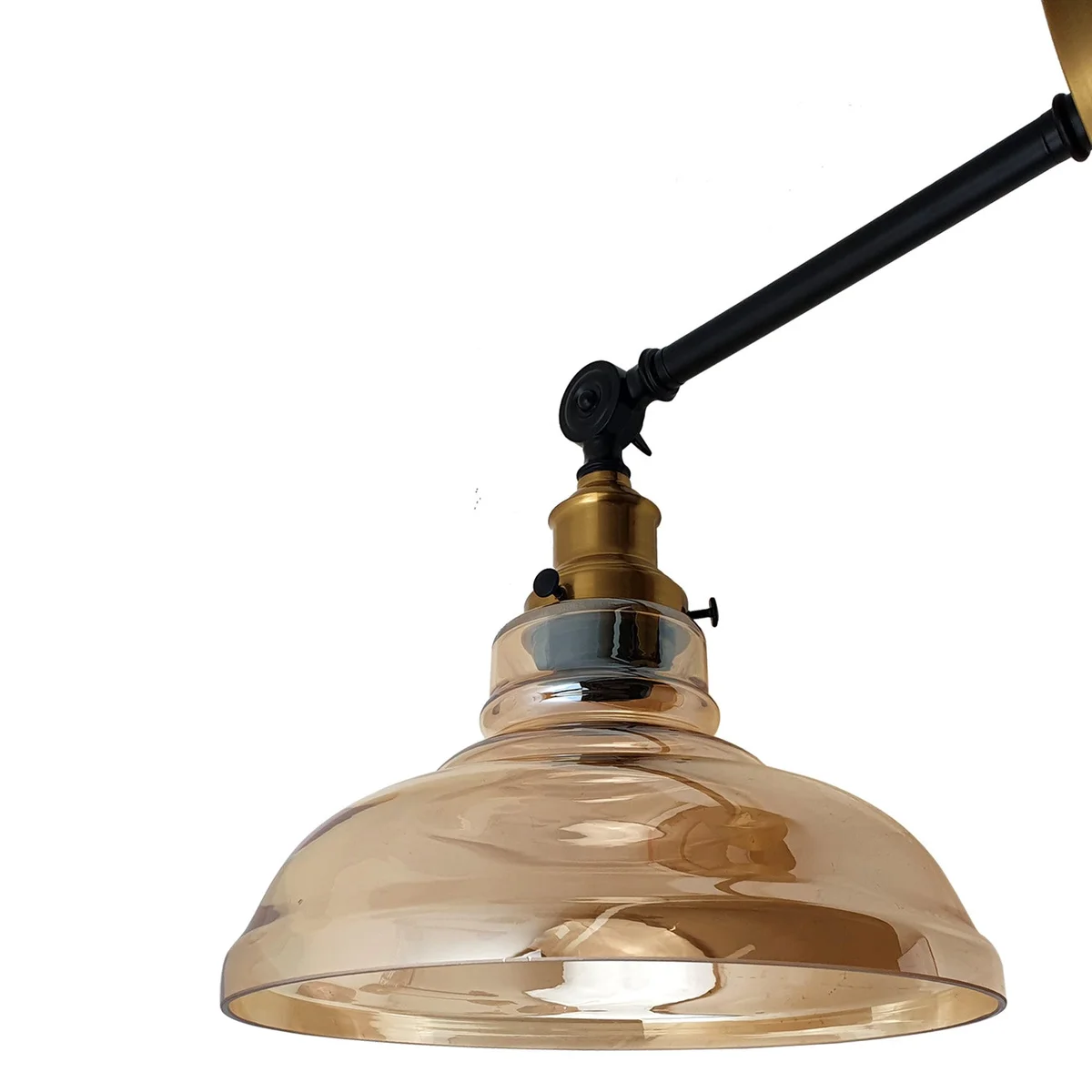 Sleek amber glass wall light with metal fittings, warm glow—modern amber lighting.