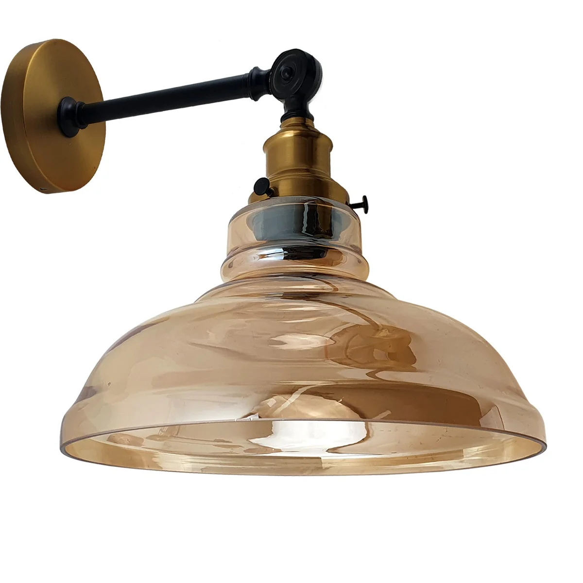 Warm LED wall light with amber glass shade and metal fittings, casting a cozy glow on a wall