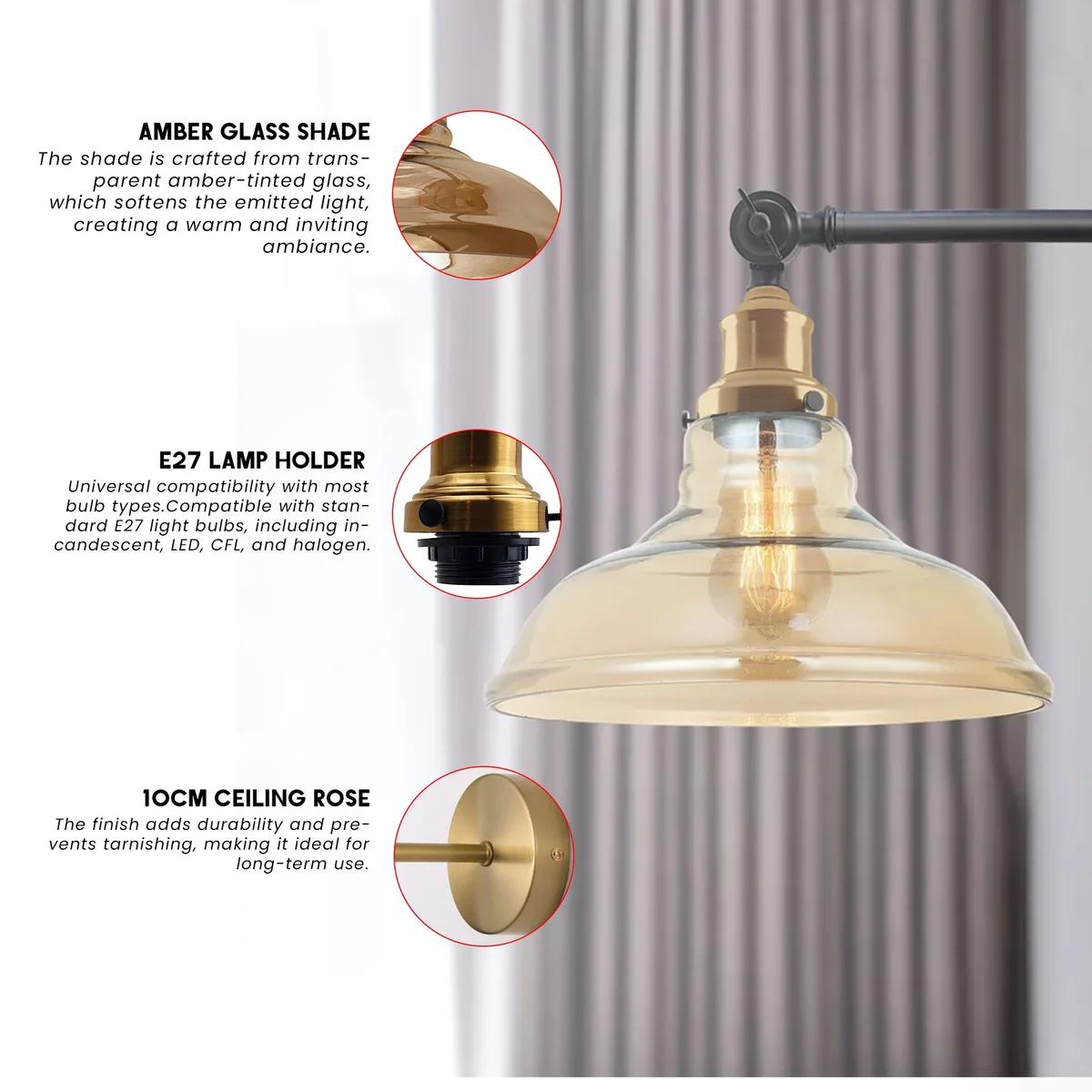 Amber glass wall light with metal fittings, sleek industrial design, warm glow.