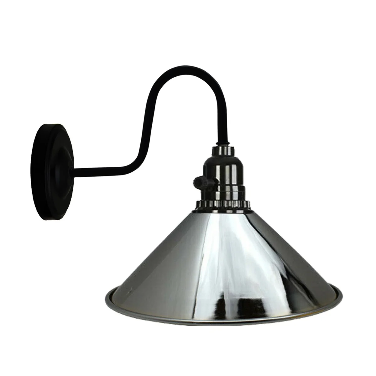 Silver metal wall light with brushed finish, round base, and attached on/off switch holder in industrial style design