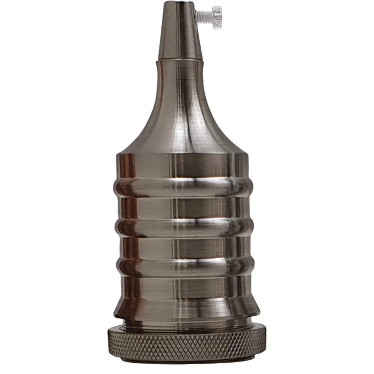 Vintage E27 lamp holder in shiny black metal with Edison screw base, designed for indoor pendant lighting fixtures