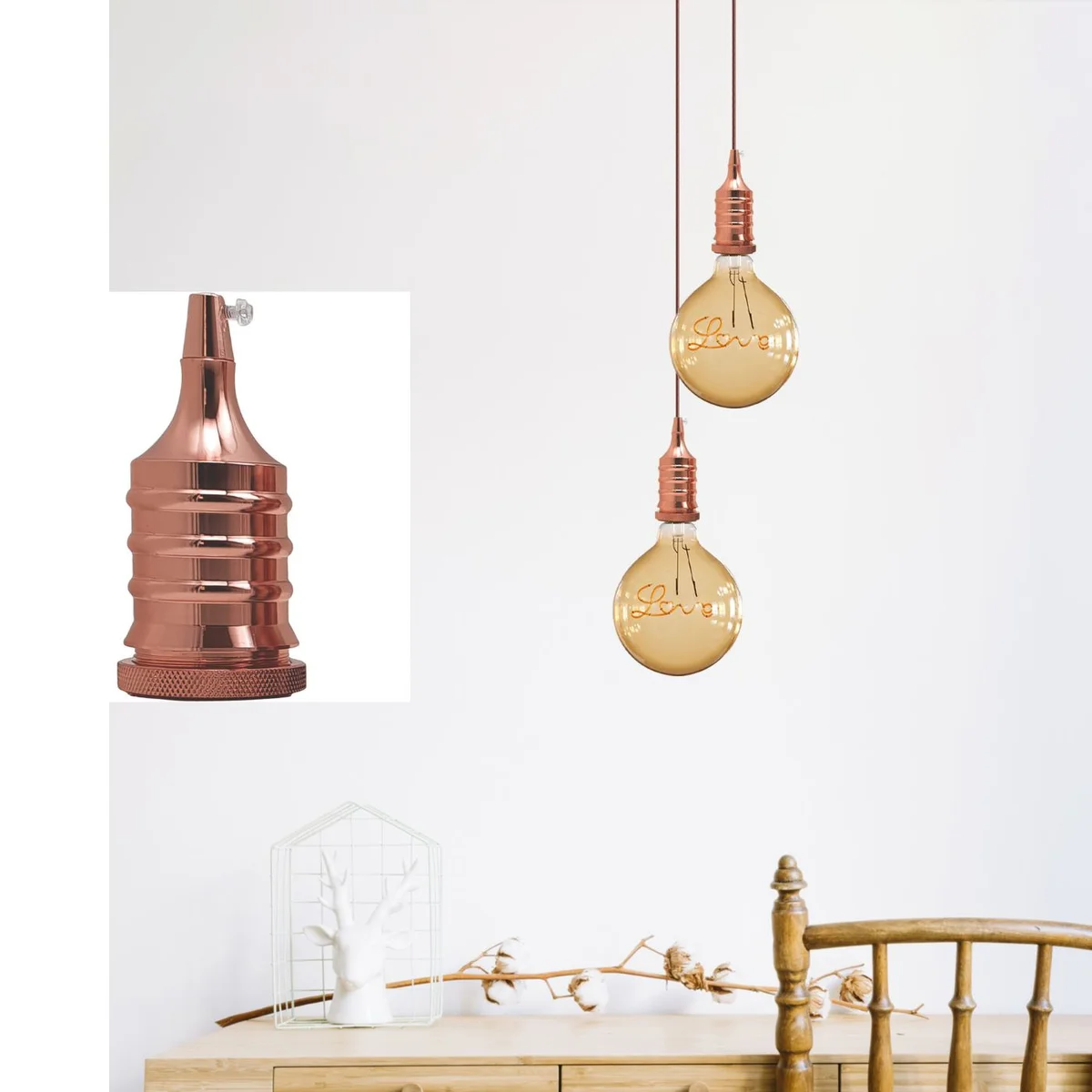 Metal E27 lamp bulb holder socket for vintage bulbs with exposed design, suitable for indoor use and max 60W bulbs