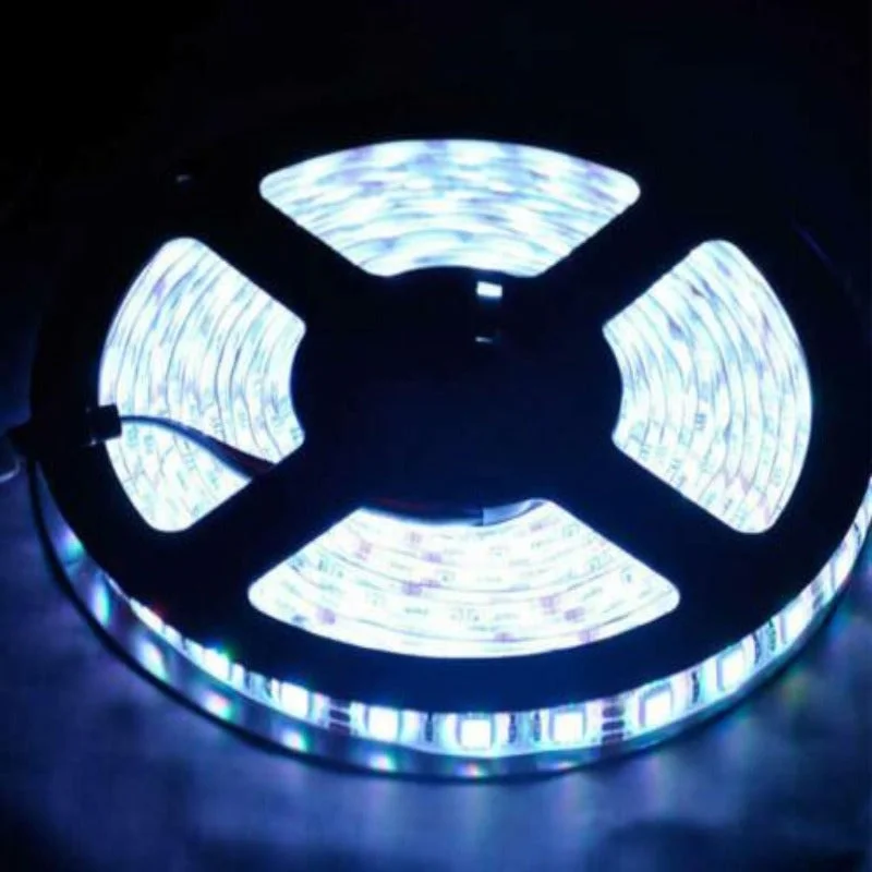 Cool white waterproof LED strip light 5m roll with bright 3528 SMD LEDs, flexible and cuttable for indoor and outdoor use