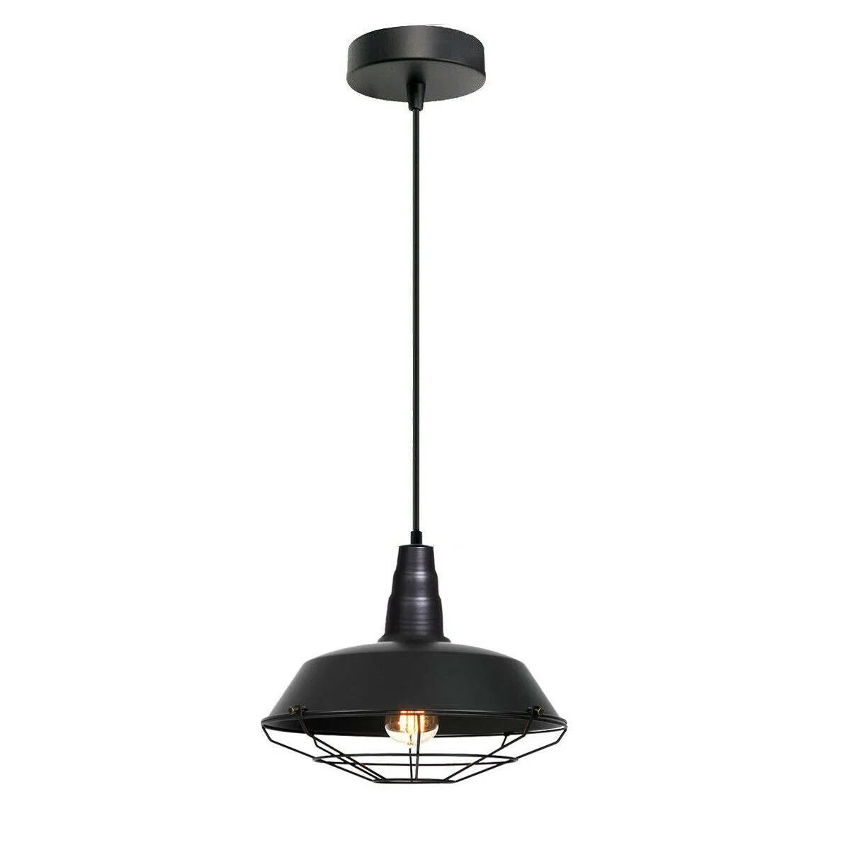 Black vintage metal ceiling light pendant lamp with E27 bulb and adjustable wire hanging from ceiling rose