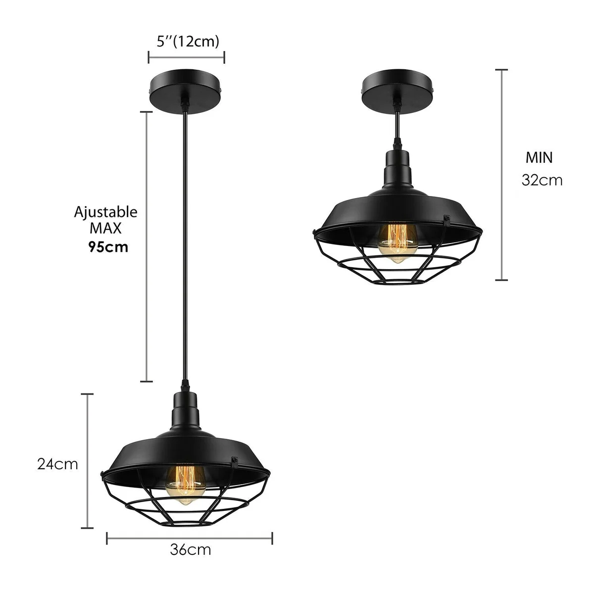 Black metal pendant lamp with vintage style ceiling light shade and E27 bulb, hanging from adjustable PVC wire