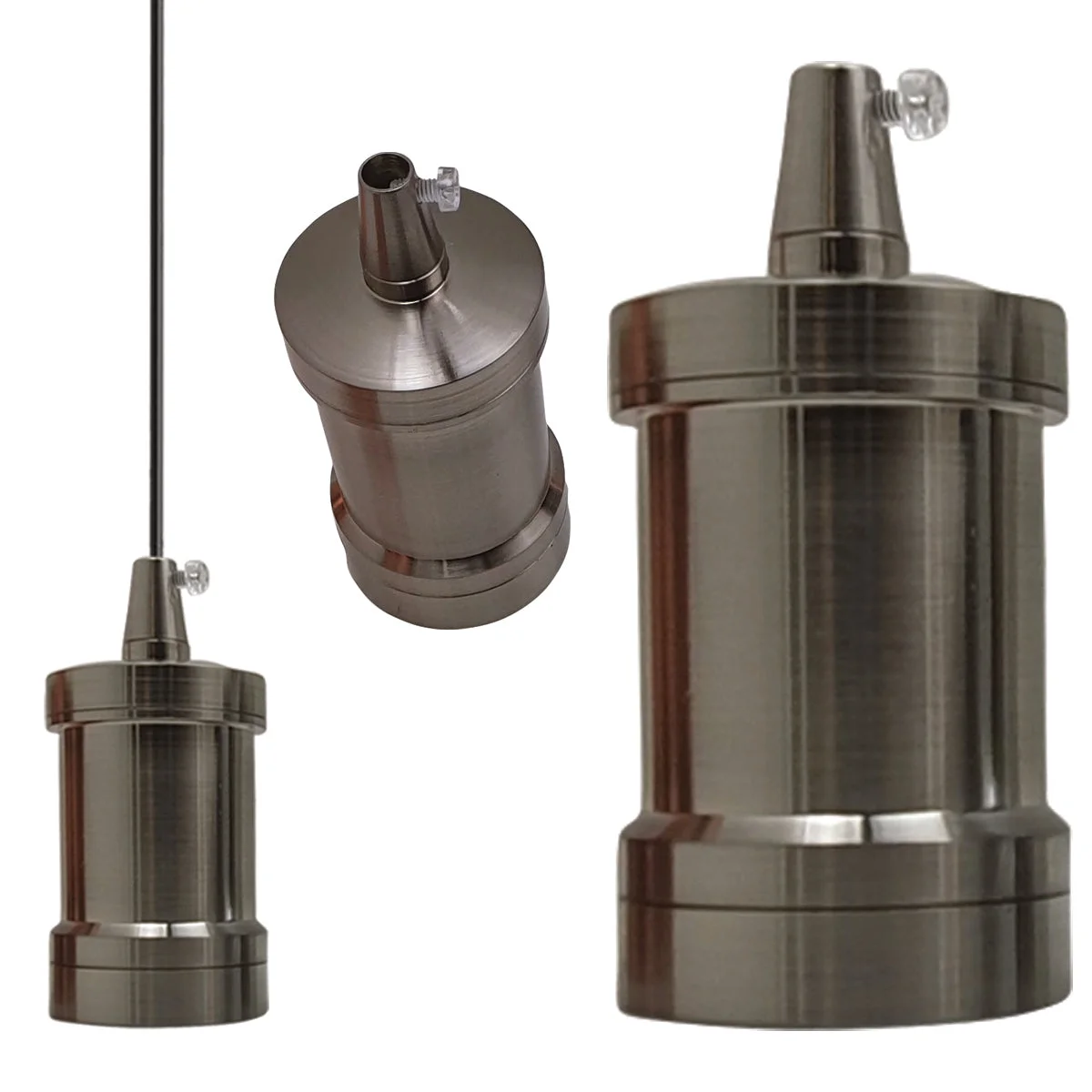 Satin nickel lamp holder with E27 Edison screw socket, metal finish, 4.5cm square base, 9.6cm height, antique style