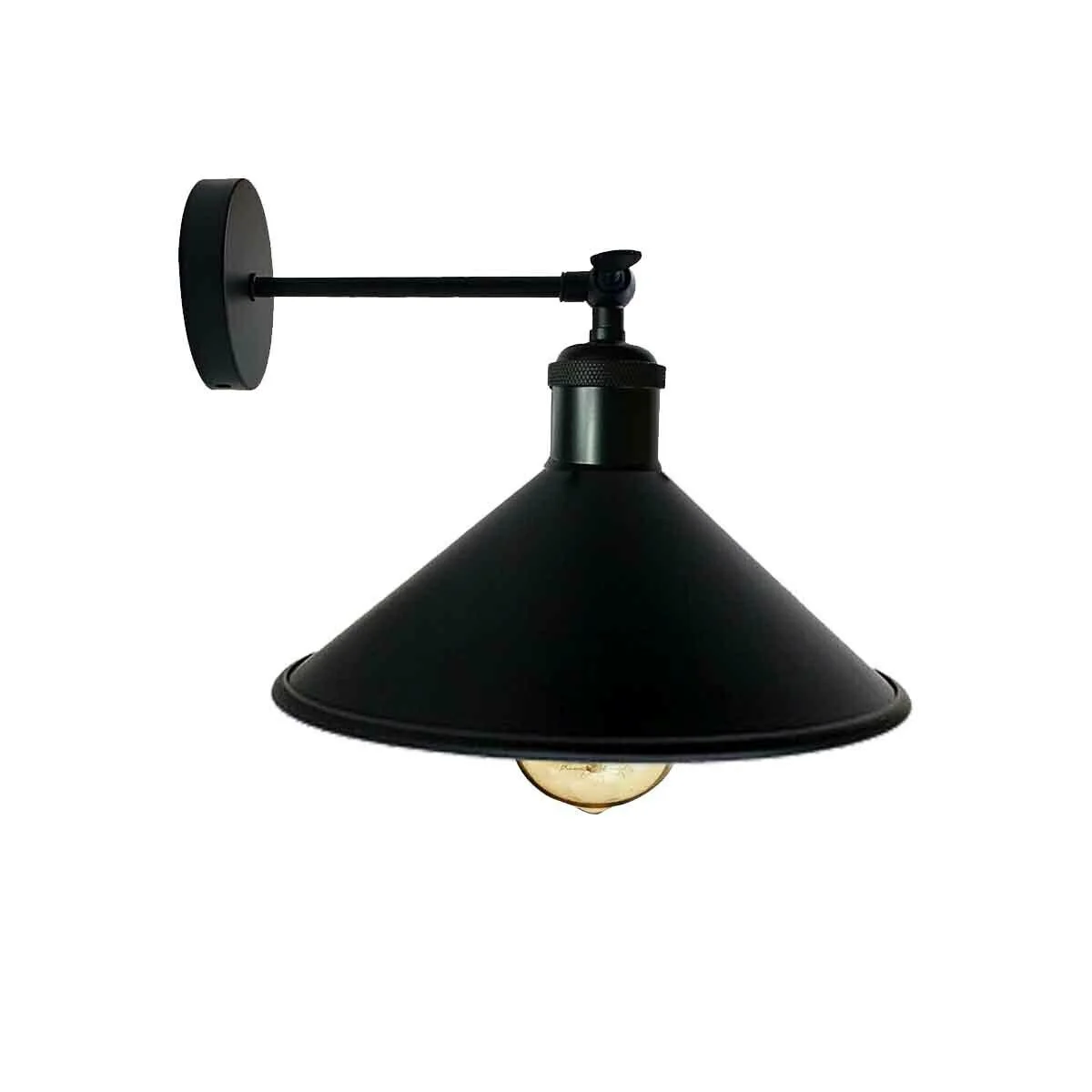 Industrial wall lamp in black metal with matte finish, cone-shaped pendant featuring a white interior hood.