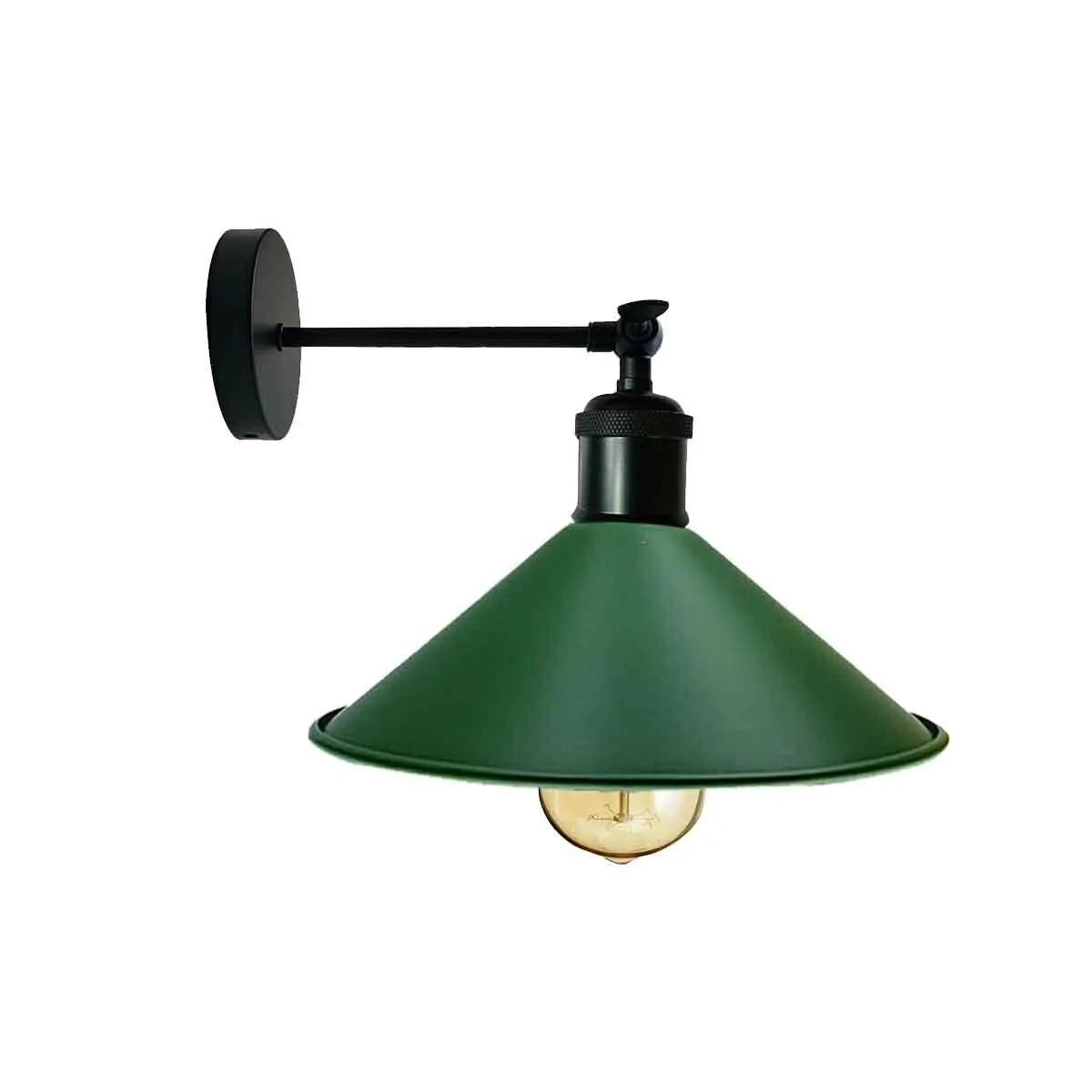 Green industrial wall lamp with matte metal cone pendant, white hood, adjustable arm, slim 22cm shade.